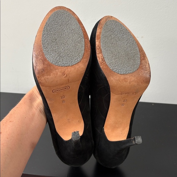 Coach Brigett suede logo stitched platform pumps heels stiletto black 10B - Picture 11 of 16